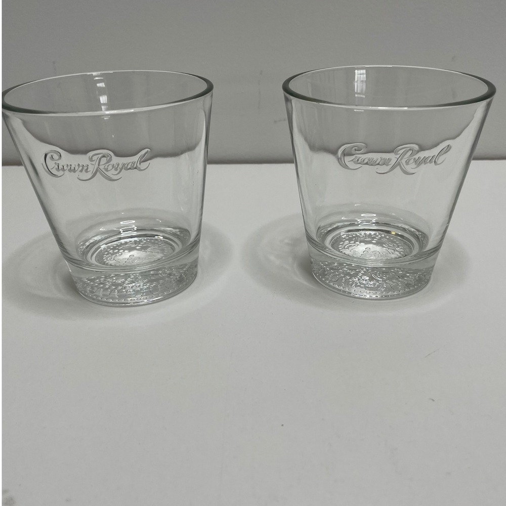 Crown Royal Whiskey Rocks Glasses‎ Set 2 Etched Logo Lowball Embossed Base Clear